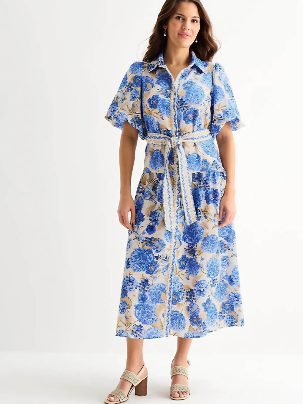 Blue Floral Button-Front Midi Dress with Tie Waist